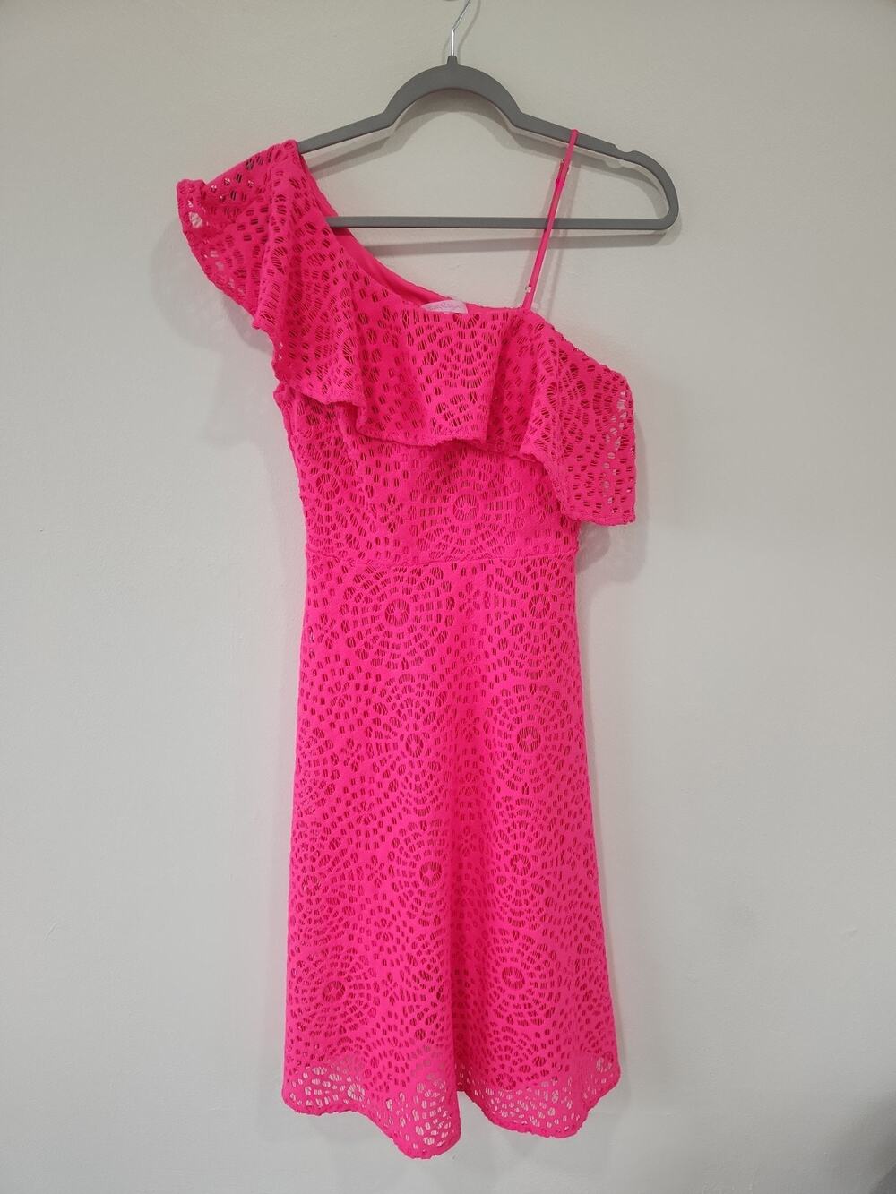 Lilly Pulitzer Lace One Shoulder Callisto Fit Flare Dress Women Size 4 Hot Pink